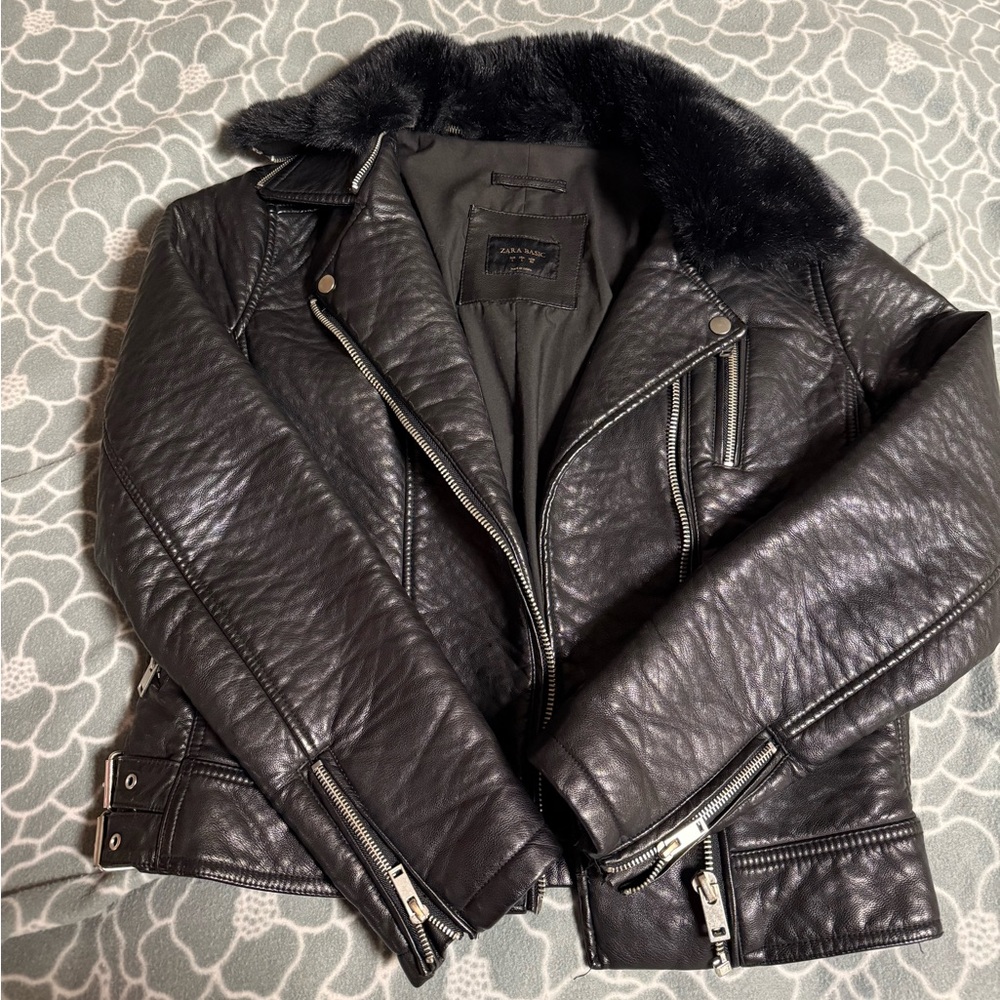 Zara leather jacket fur collar
